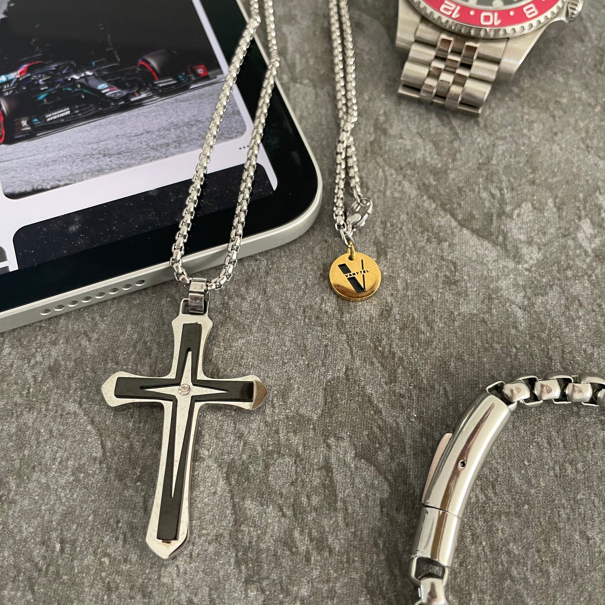 Collar de Crucifijo en Cadena de Caja, Joyería de Hombre en Acero Inoxidable - Vanytel