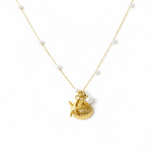 Vanytel Women's Gold Shell, Starfish, and Pearl Necklace in Stainless Steel
