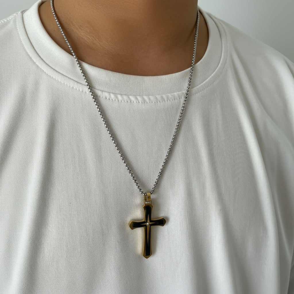 Collar de Crucifijo en Cadena de Caja, Joyería de Hombre en Acero Inoxidable - Vanytel