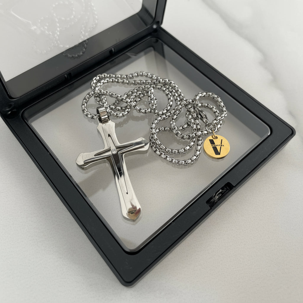 Collar de Crucifijo en Cadena de Caja, Joyería de Hombre en Acero Inoxidable - Vanytel
