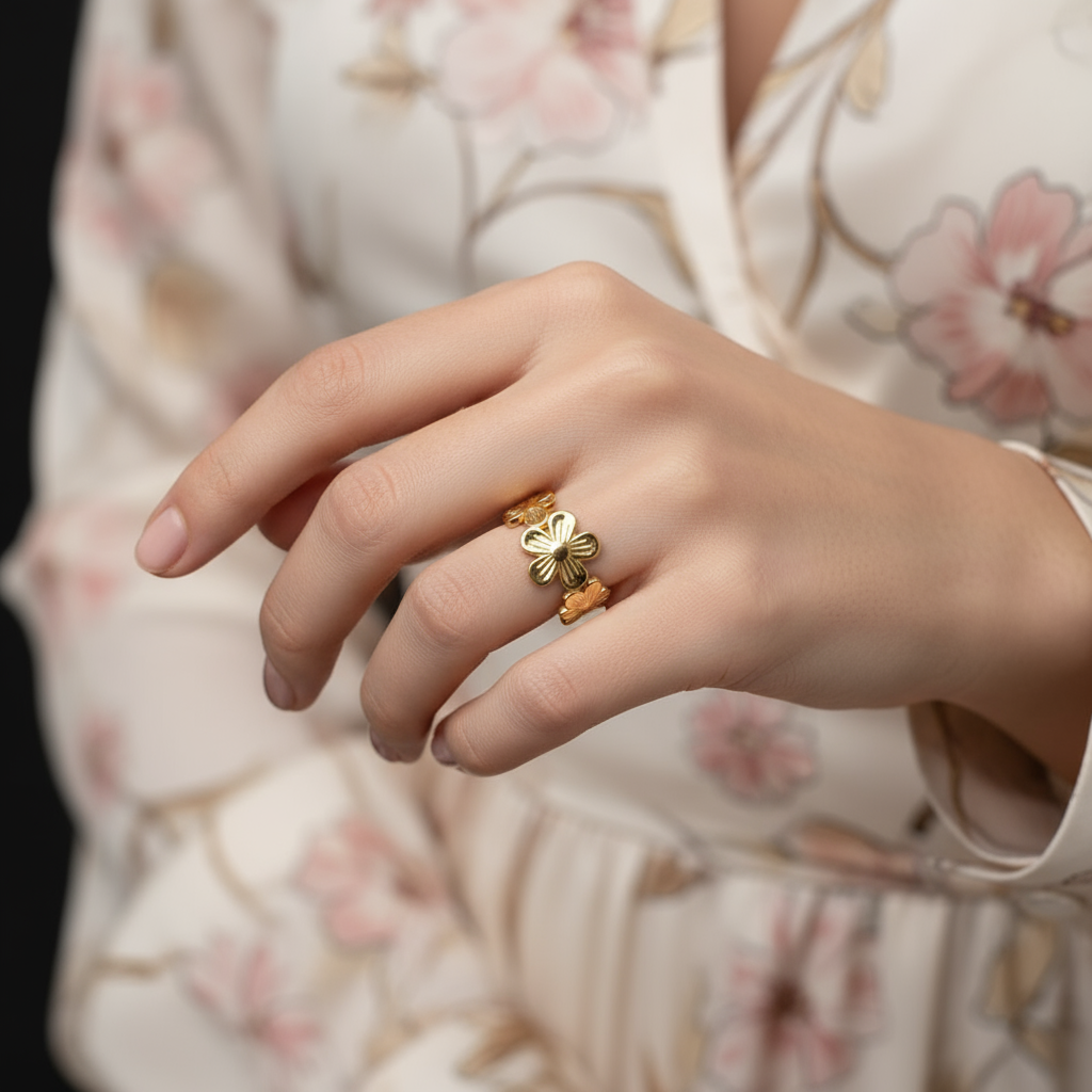 Detalle del diseño floral del anillo dorado en acero inoxidable — Vanytel Jewelry