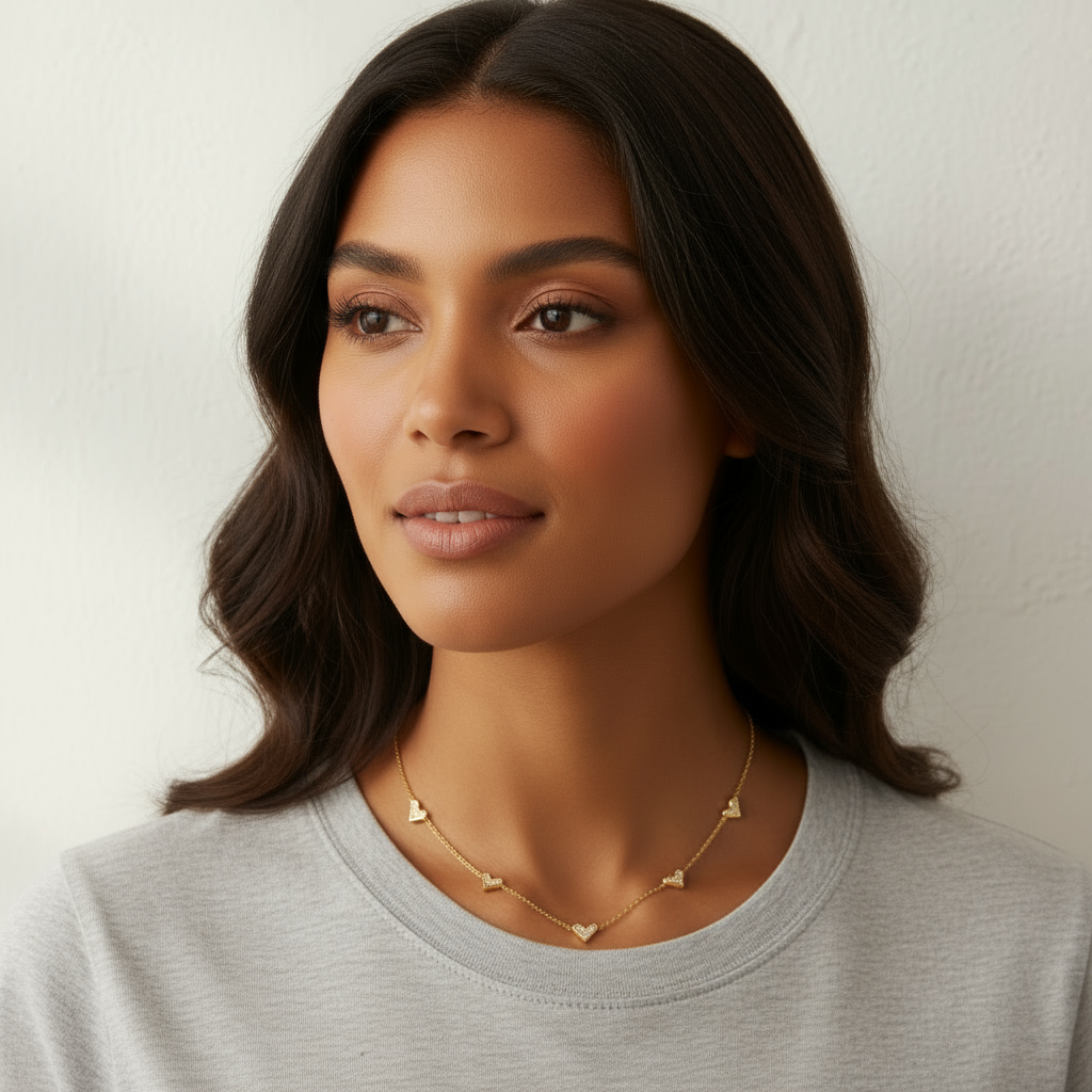 Collar de corazones con zirconias exhibido en soporte blanco, Vanytel Jewelry.