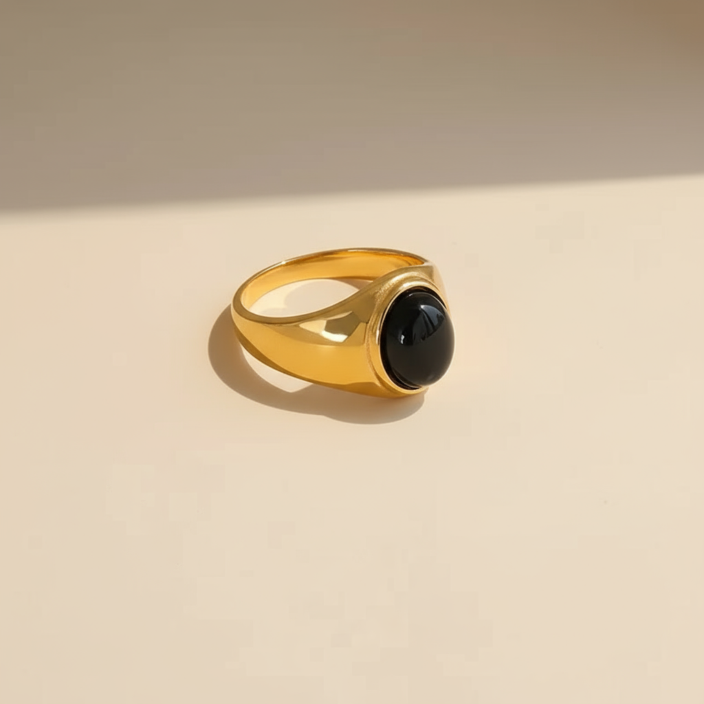 Osma Gold Ring with Black Stone for Women in Stainless Steel | Vanytel