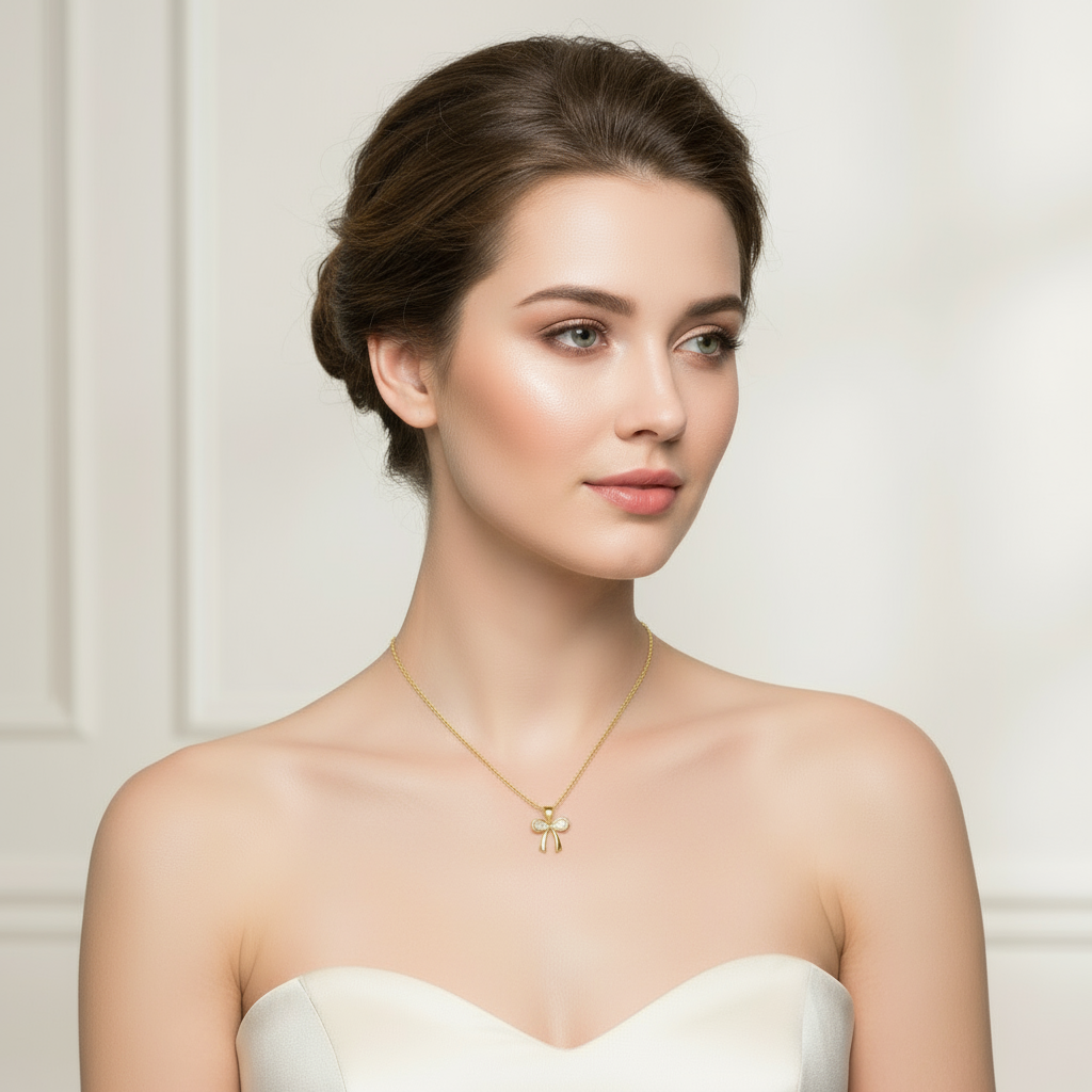 Mujer usando collar Alicia con lazo dorado y zirconias, joyería Vanytel