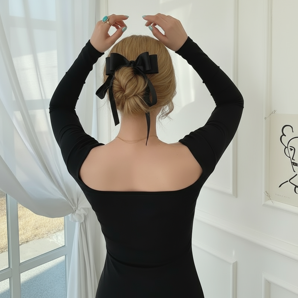 Mujer usando lazo coquette rosa de satín en peinado recogido Vanytel