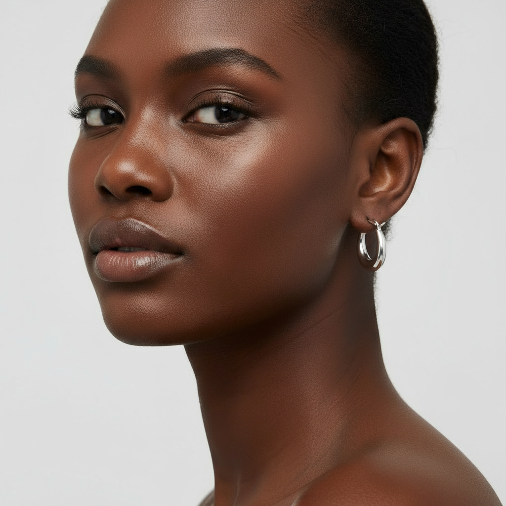 Mujer usando los Aros Greta dorados Vanytel, combinando elegancia y estilo moderno.