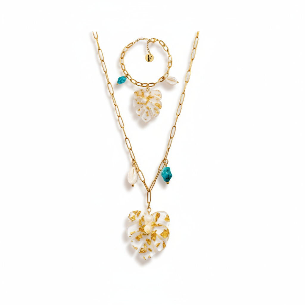 Set Palmera Vanytel con collar y pulsera dorados en acero inoxidable