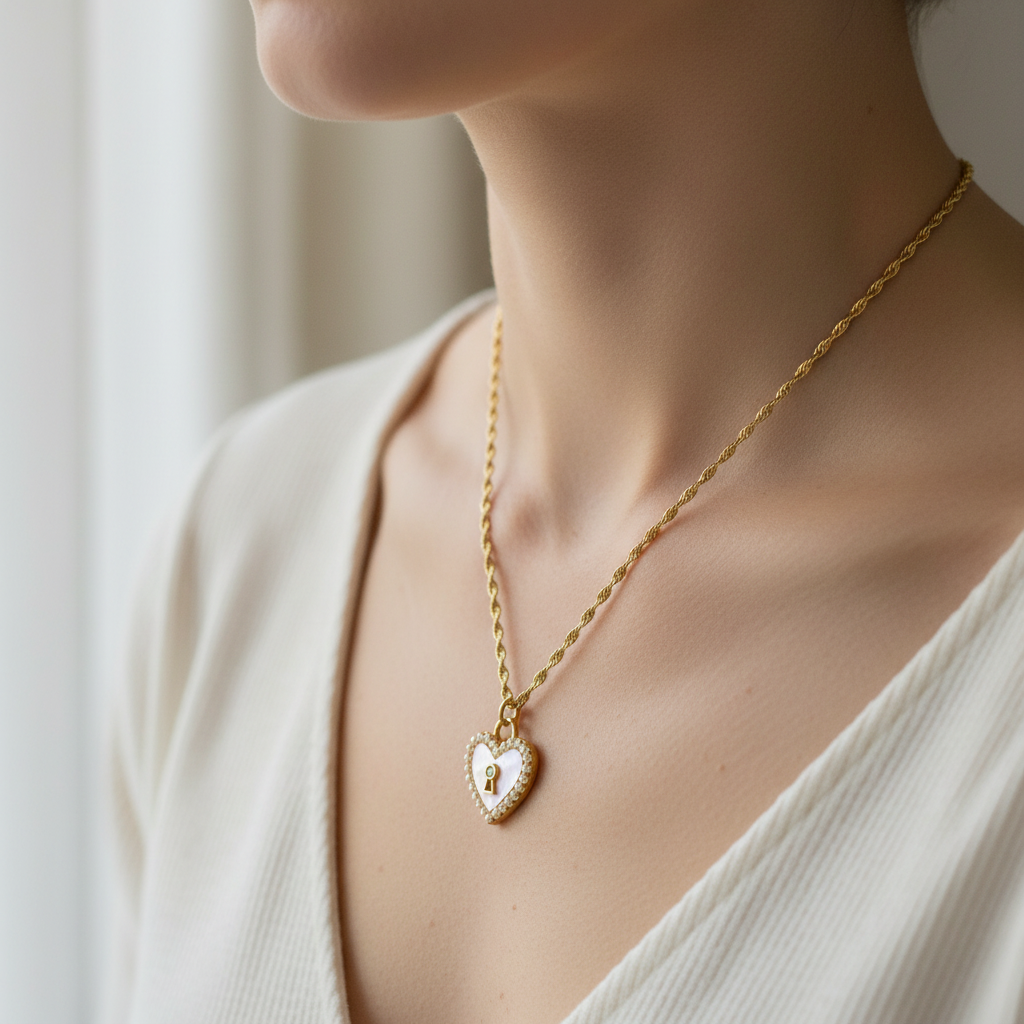 Collar Emily Heart  Dorado con Perlas en Acero Inoxidable para Mujer | Vanytel