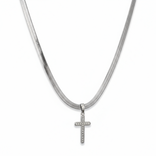 Cadena Snake con Dije de Cruz Plateada para Hombre en Acero Inoxidable | Vanytel