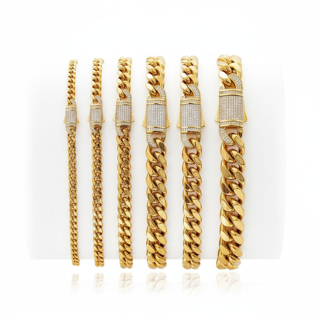 Cadena Cubana con Cierre en Zirconia Cúbica Dorada para Hombre en Acero Inoxidable | Vanytel