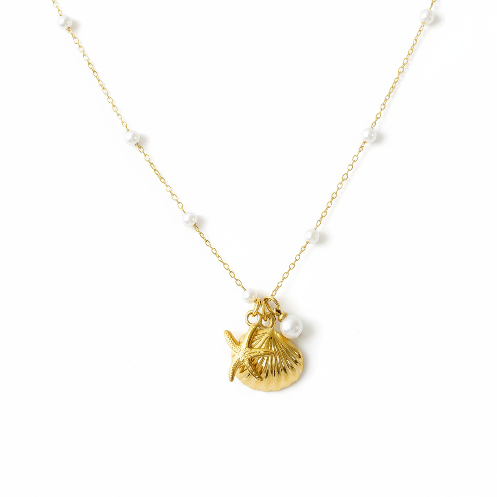 Vanytel Women's Gold Shell, Starfish, and Pearl Necklace in Stainless Steel