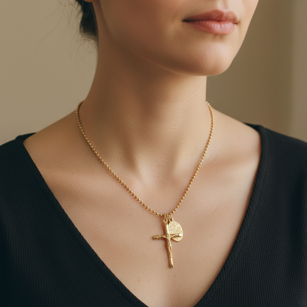 Collar Cruz Dorada con Medallita para Mujer en Acero Inoxidable | Vanytel