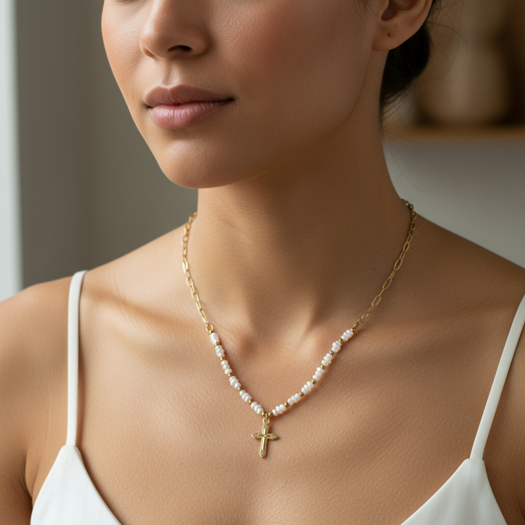 Collar Crucecita con Perlas y Dije de Cruz Dorado en Acero Inoxidable – Mujer | Vanytel