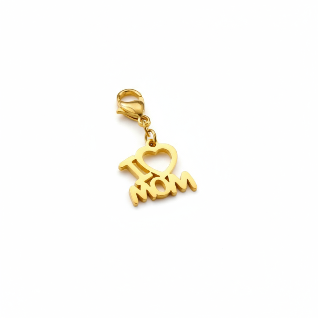 Charms Vanytel dorado en acero inoxidable con diseño de corazón y grabado, I love mom.

