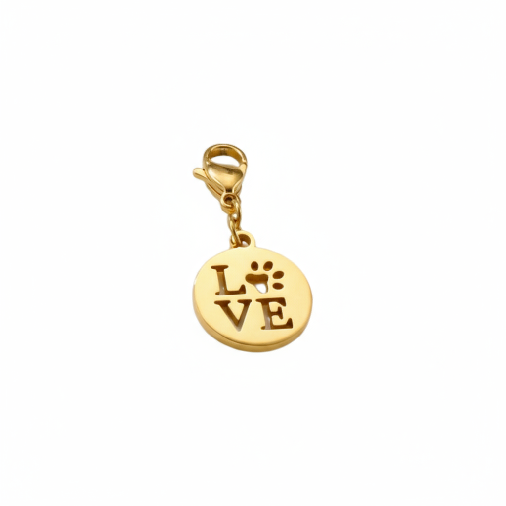 Charms Vanytel dorado en acero inoxidable con diseño de corazón y grabado, love pet.