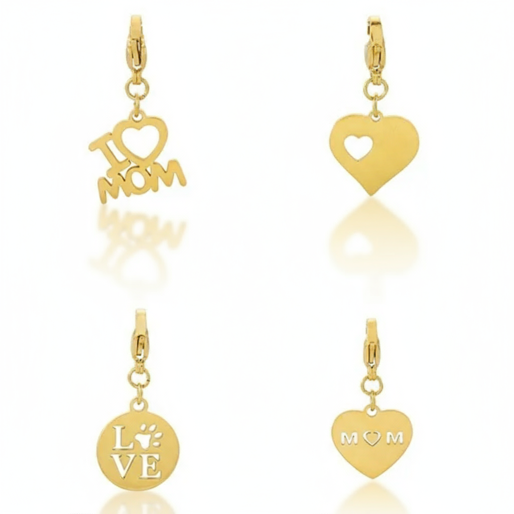 Charms Vanytel en acero inoxidable dorado y plateado con diferentes diseños de corazones y mensajes.
