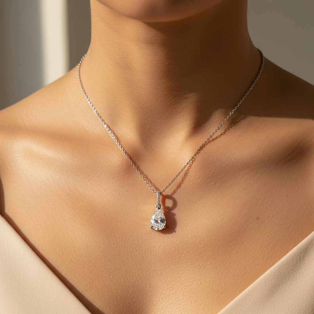 Modelo usando collar de plata 925 con colgante de gota de agua