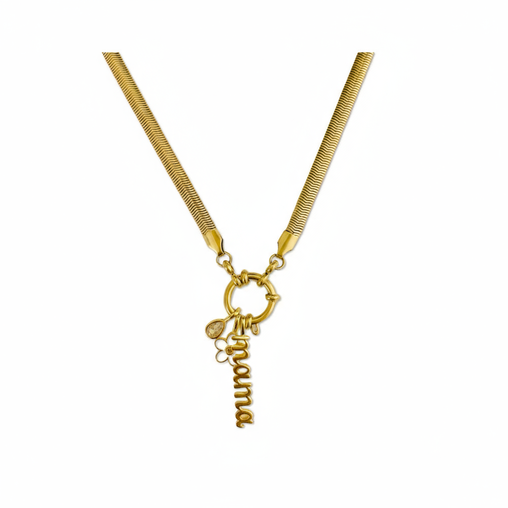 Collar Mamá Vanytel con tres dijes dorados en acero inoxidable
