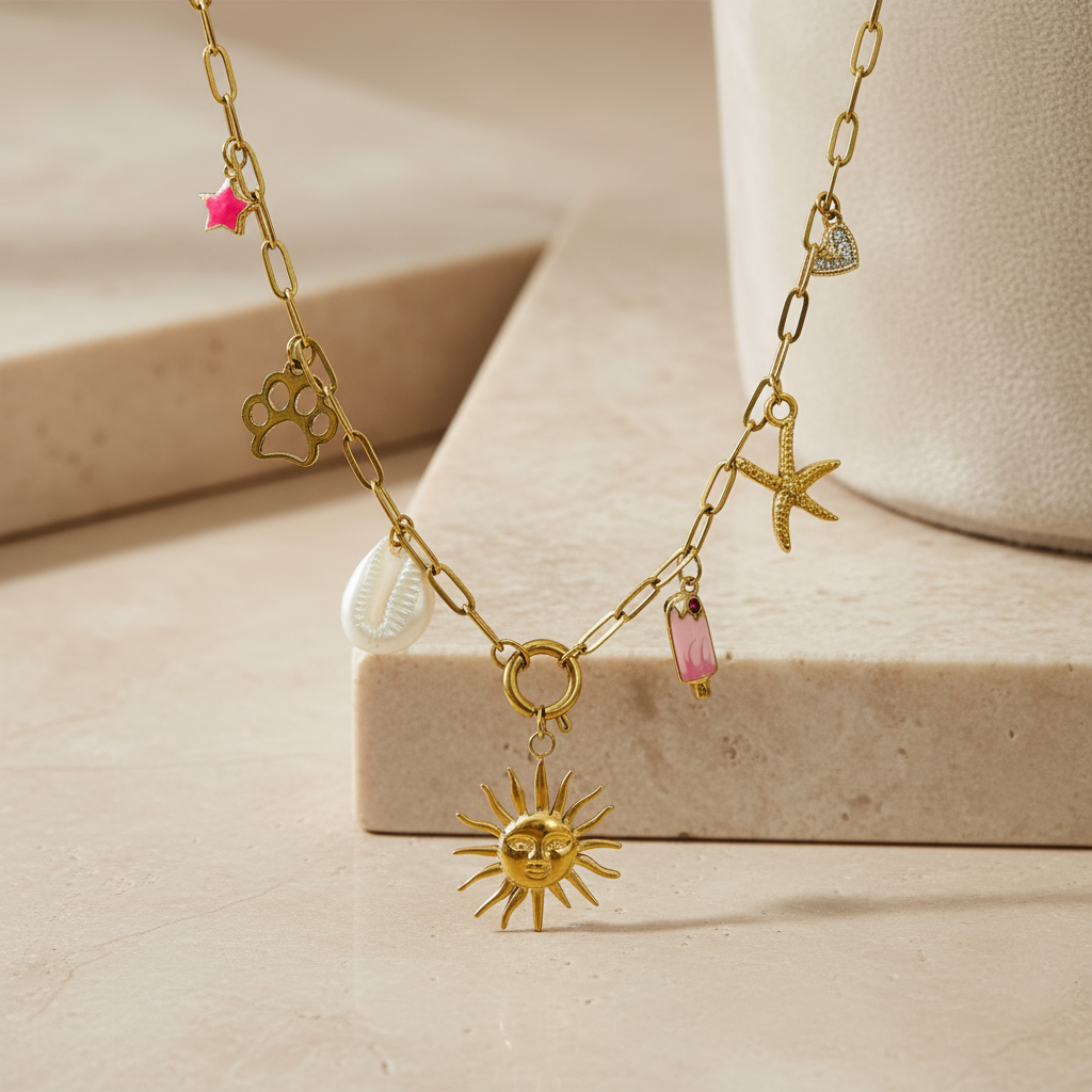 Detalle de charms dorados del Collar Encantos Vanytel en acero inoxidable
