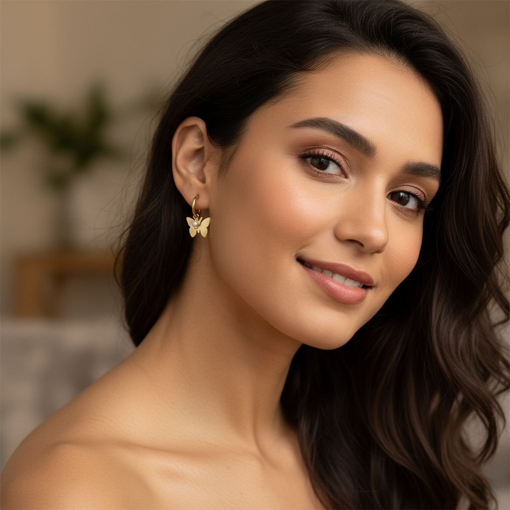 Gold-plated Butterfly and Pearl Charm Earrings for Women in Stainless Steel | Vanytel