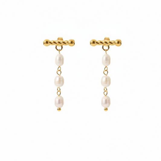 Arete T-Pearls Doradas para Mujer en Acero Inoxidable | Vanytel