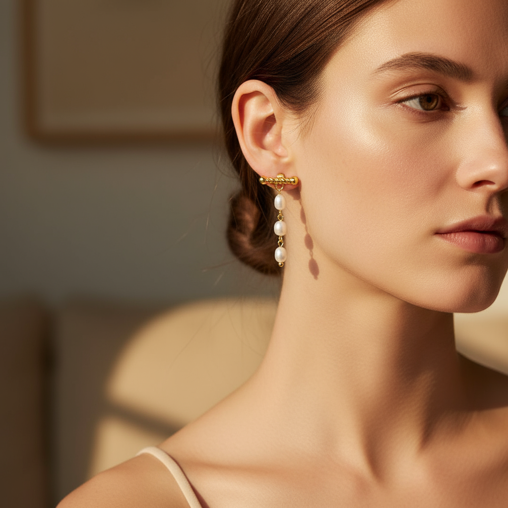 Arete T-Pearls Doradas para Mujer en Acero Inoxidable | Vanytel