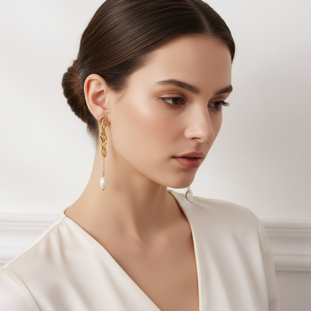 Mujer usando los aretes Paulina con perlas naturales, diseño colgante dorado.
