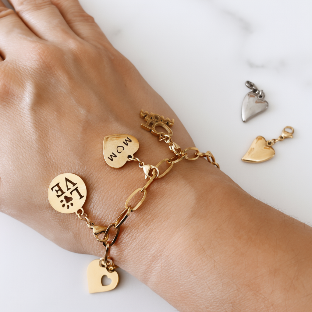 Pulsera Vanytel personalizada con charms dorados en acero inoxidable.
