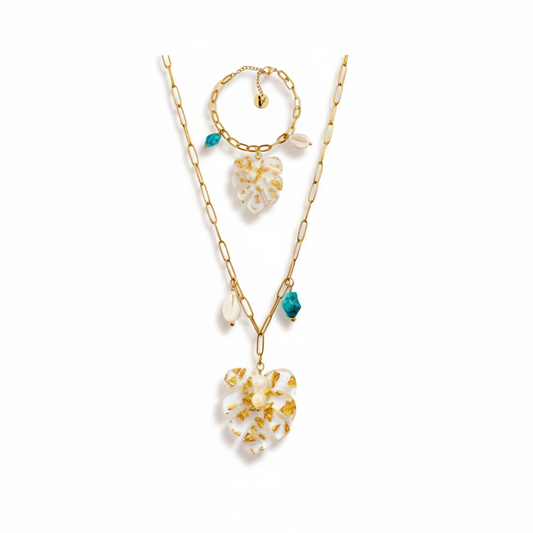 Set Palmera Vanytel con collar y pulsera dorados en acero inoxidable
