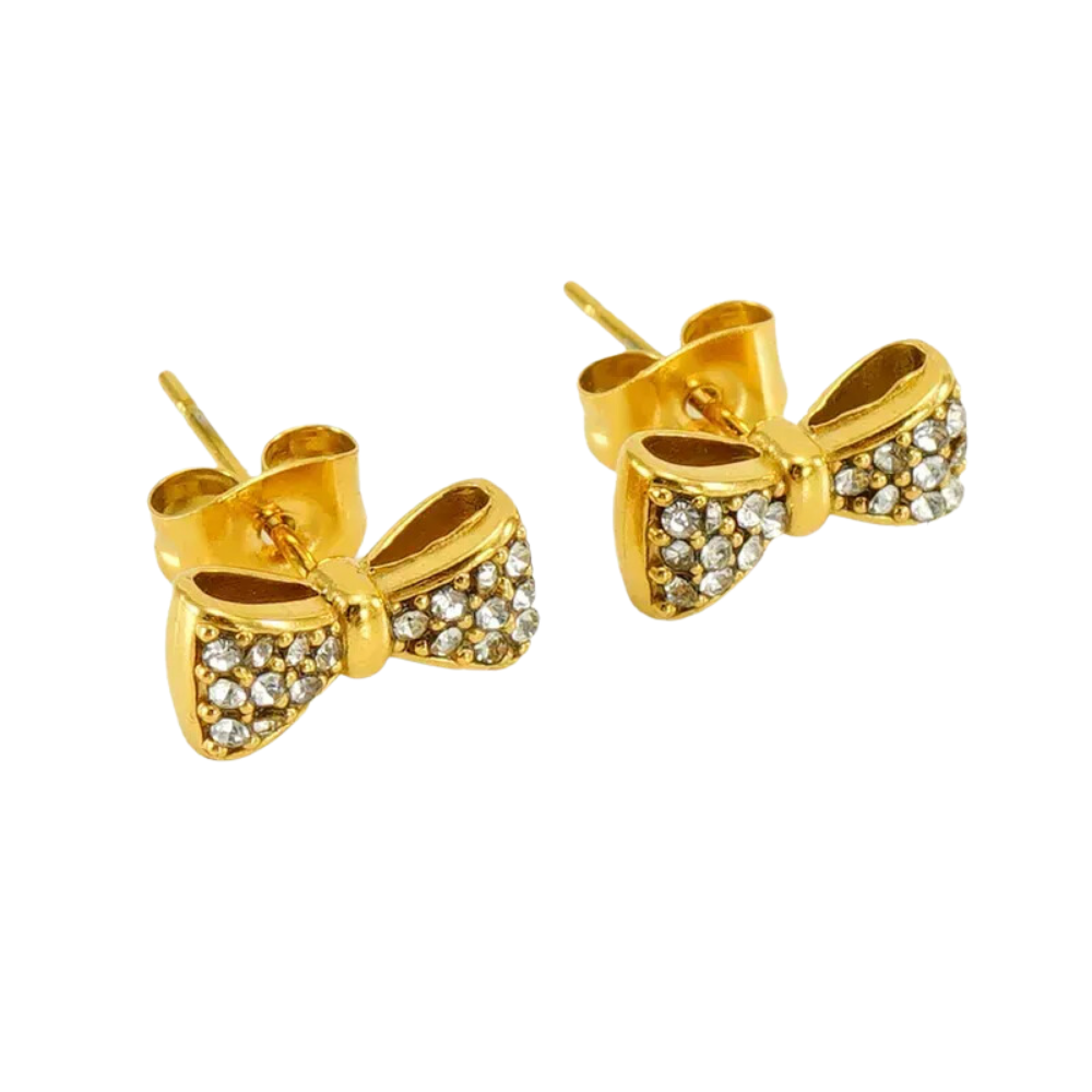 Aretes tipo lazo dorado con zirconia coquette para mujer, joyería Vanytel
